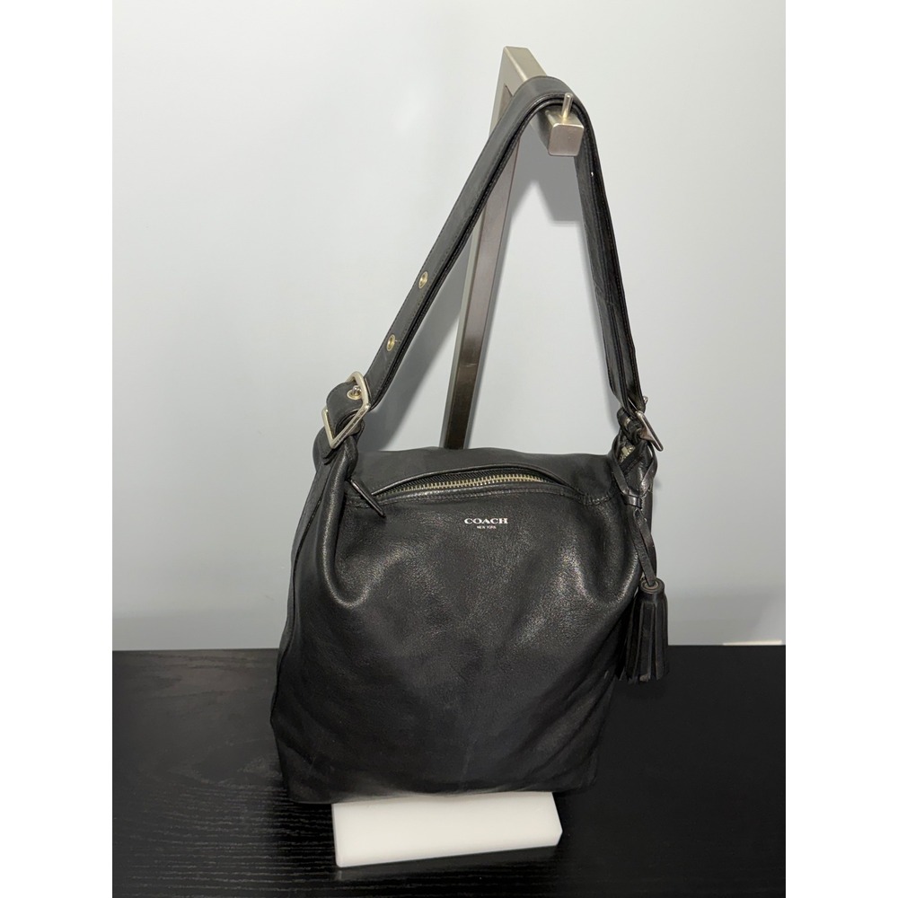 Coach Black Legacy Leather Hobo Shoulder Bag Tassel Silver Hardware Zip Pocket